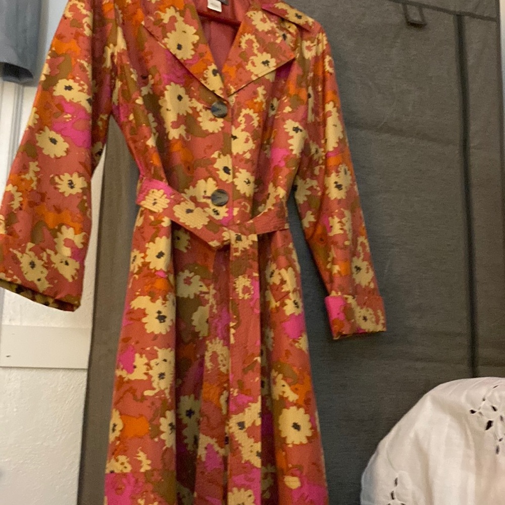 Sigrid Olsen Floral Trench Coat in Orange, Pink, Yellow